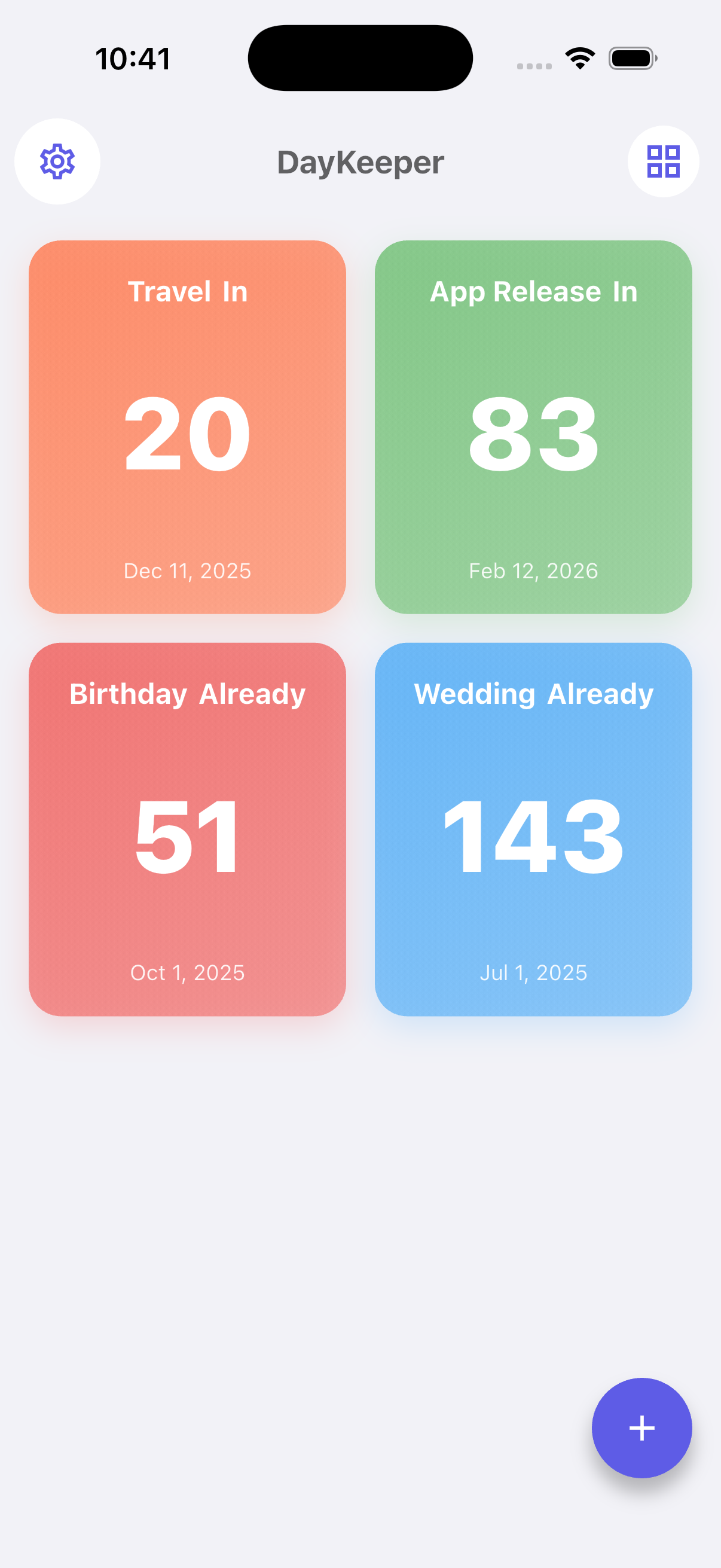 DayKeeper card view dashboard displaying anniversary countdown cards with visual day counters and milestone trackers in grid layout