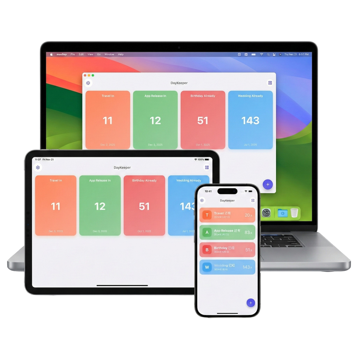 DayKeeper app preview showing the anniversary tracking interface with colorful event cards